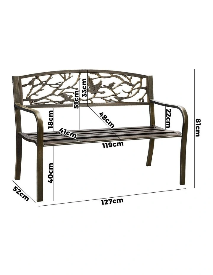 Livsip 3 Seater Steel Garden Bench Outdoor Chair Bird Pattern Bronze image 3