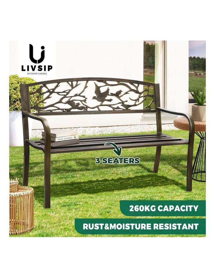 Livsip 3 Seater Steel Garden Bench Outdoor Chair Bird Pattern Bronze image 4