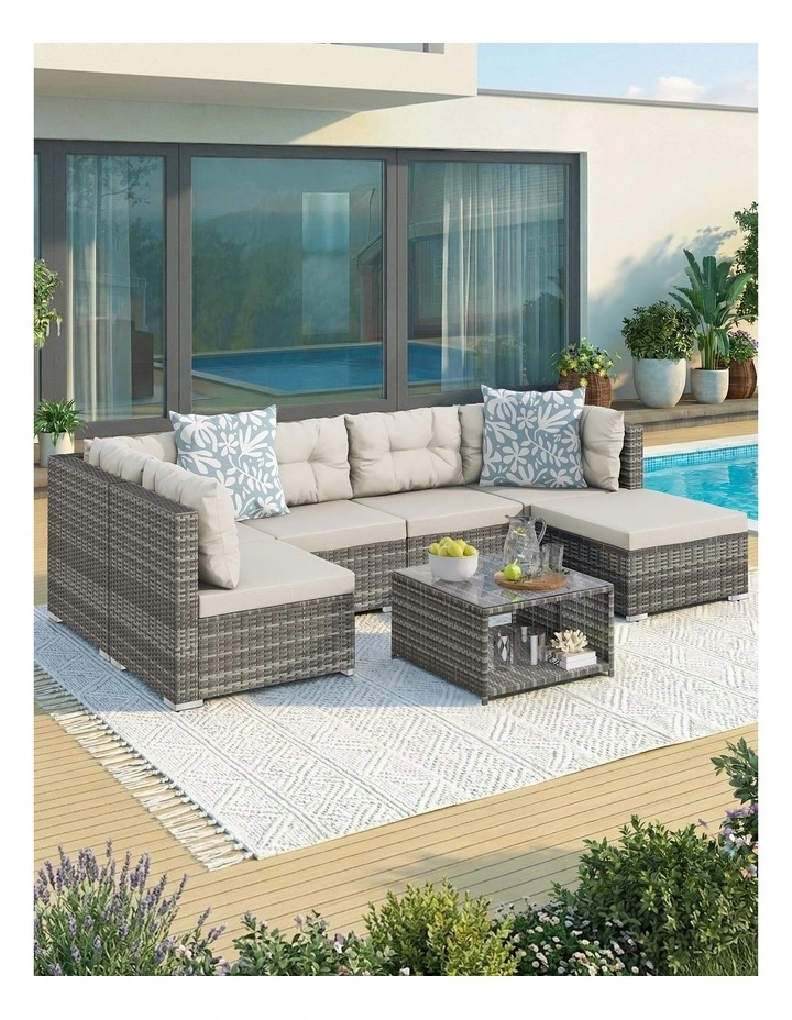 Outdoor Furniture 7PCS Patio Wicker Set Light Grey image 2