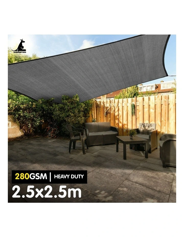 Wallaroo 2.5 x 2.5 Shade Sail 280GSM Outdoor Sun Shade Canopy Grey Square Cloth image 3