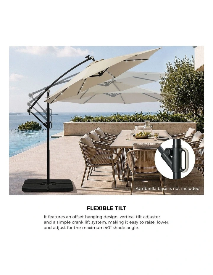 Livsip Outdoor Umbrella 3M Cantilever Garden Shade Rotatable w/ 32-LED Beige image 6