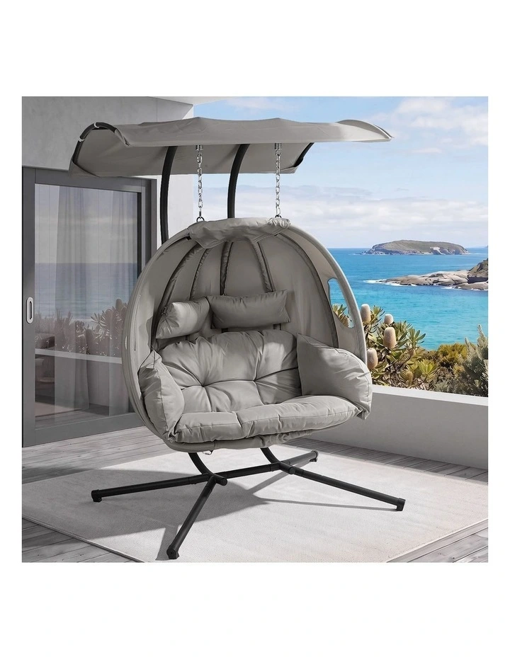 Livsip Egg Swing Chair 2 Seater Patio Lounge with Adjustable Canopy Grey image 4