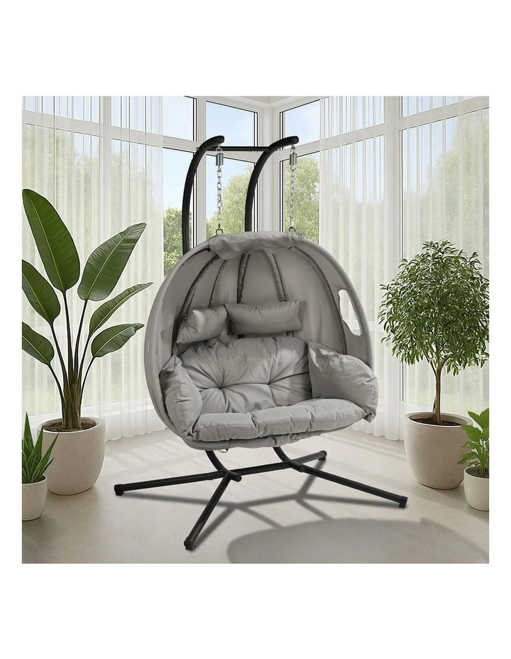 Livsip Egg Swing Chair 2 Seater Patio Lounge with Adjustable Canopy Grey image 5