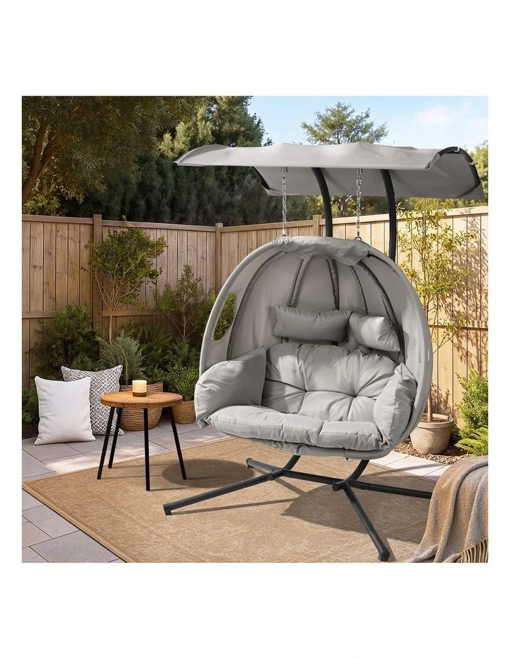 Livsip Egg Swing Chair 2 Seater Patio Lounge with Adjustable Canopy Grey image 7