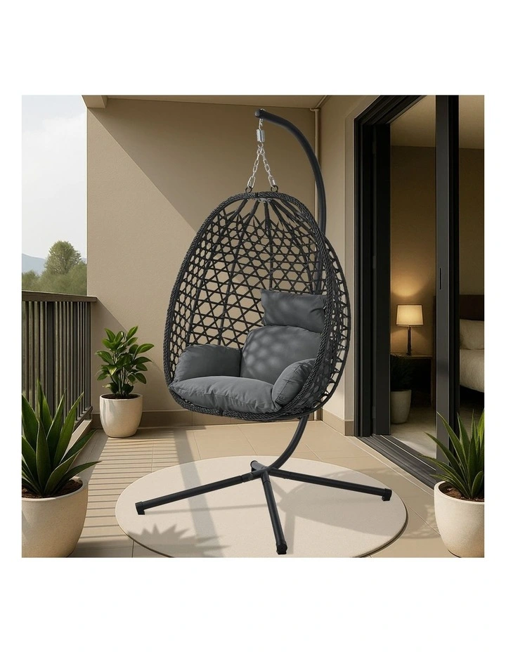 Livsip Outdoor Egg Hanging Chair with Stand Rattan Garden Swing Seat Black image 4