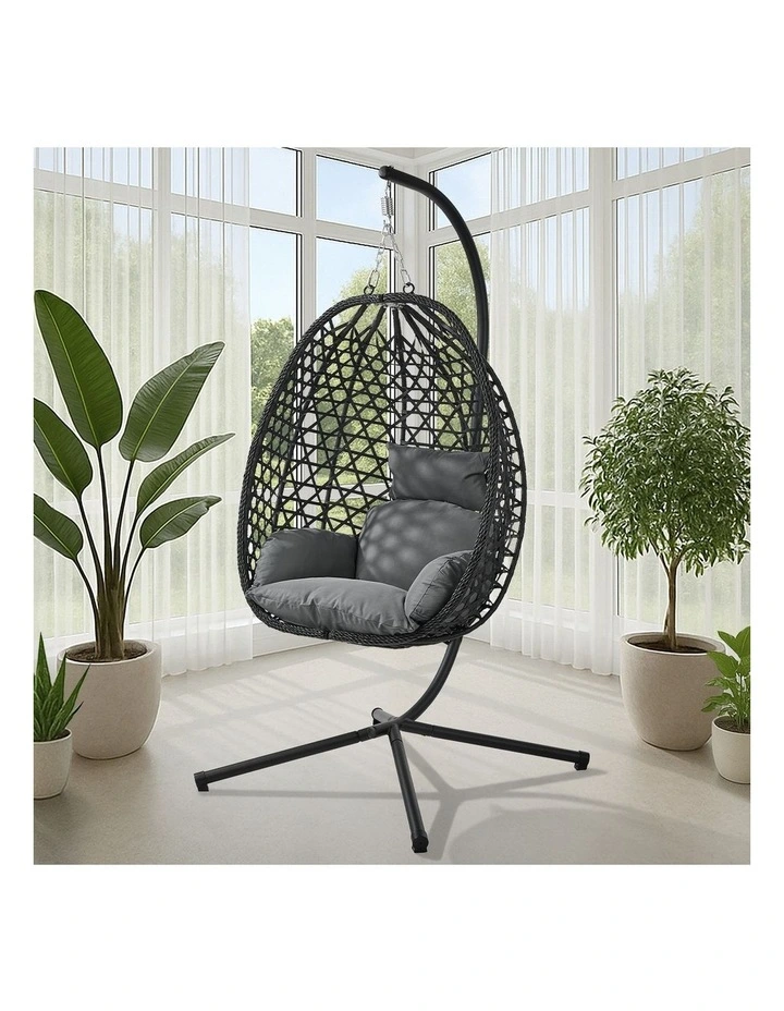 Livsip Outdoor Egg Hanging Chair with Stand Rattan Garden Swing Seat Black image 5