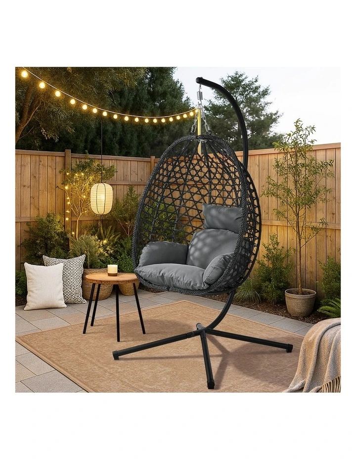 Livsip Outdoor Egg Hanging Chair with Stand Rattan Garden Swing Seat Black image 7