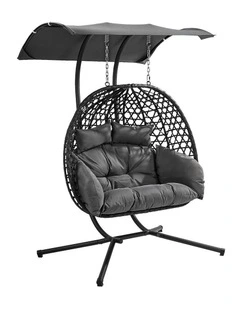Livsip Egg Swing Chair 2 Seater Rattan Steel Frame with Adjustable Canopy Black