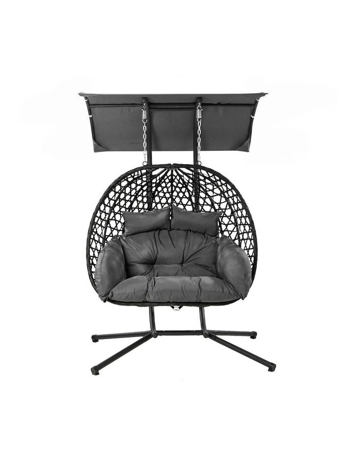Livsip Egg Swing Chair 2 Seater Rattan Steel Frame with Adjustable Canopy Black image 2