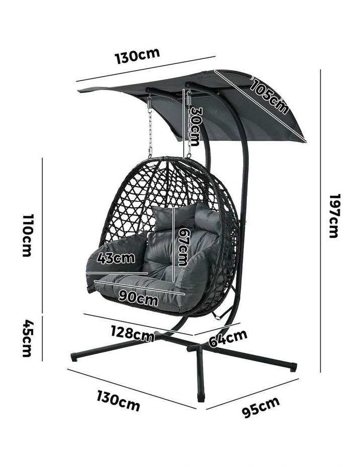 Livsip Egg Swing Chair 2 Seater Rattan Steel Frame with Adjustable Canopy Black image 3