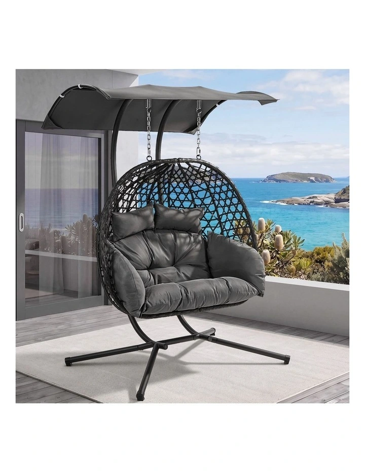Livsip Egg Swing Chair 2 Seater Rattan Steel Frame with Adjustable Canopy Black image 4