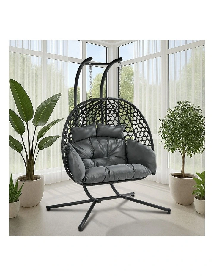 Livsip Egg Swing Chair 2 Seater Rattan Steel Frame with Adjustable Canopy Black image 5