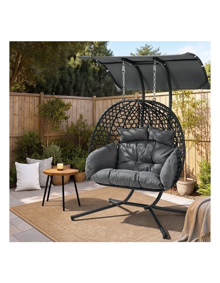 Livsip Egg Swing Chair 2 Seater Rattan Steel Frame with Adjustable Canopy Black image 7