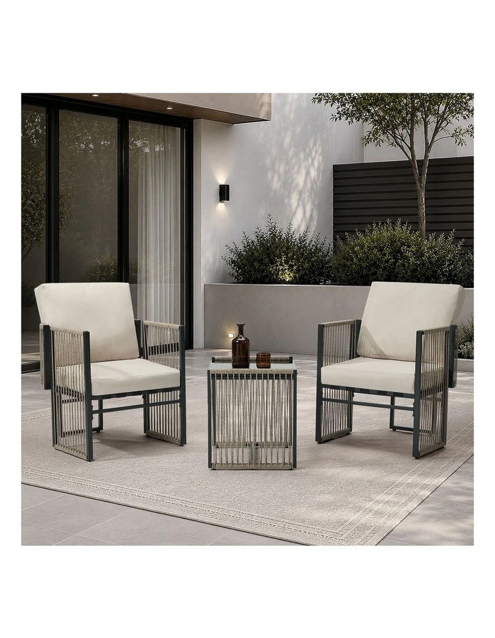 Livsip 3 Pieces Outdoor Patio Set Bistro Setting with Cushions Woven Rope image 4