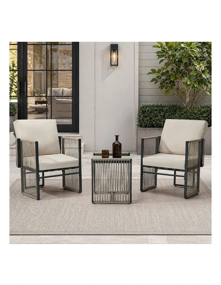 Livsip 3 Pieces Outdoor Patio Set Bistro Setting with Cushions Woven Rope image 5