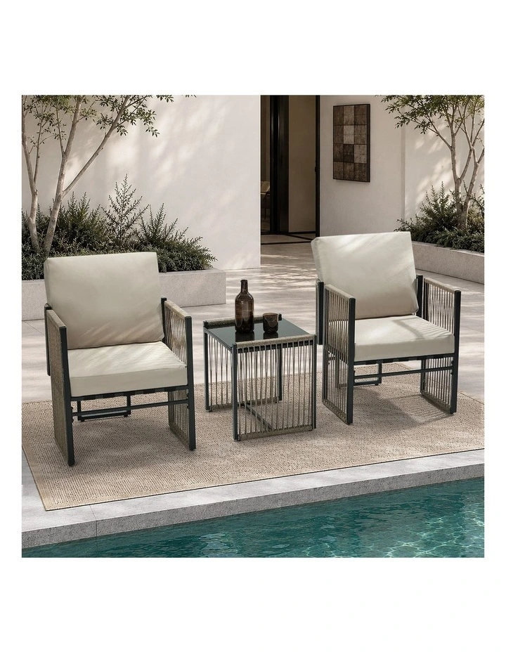 Livsip 3 Pieces Outdoor Patio Set Bistro Setting with Cushions Woven Rope image 7