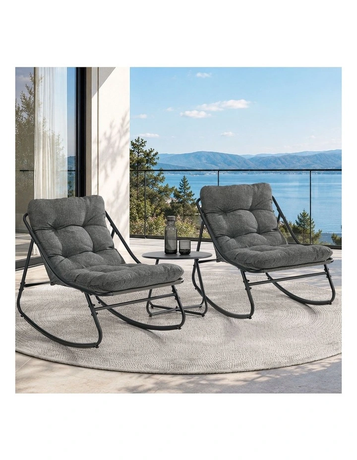 Livsip 3 Pieces Outdoor Patio Set Rocking Chair Table Textilene Lounge Grey image 4