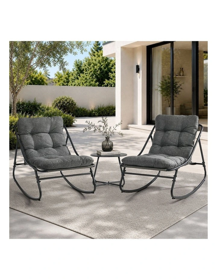 Livsip 3 Pieces Outdoor Patio Set Rocking Chair Table Textilene Lounge Grey image 5
