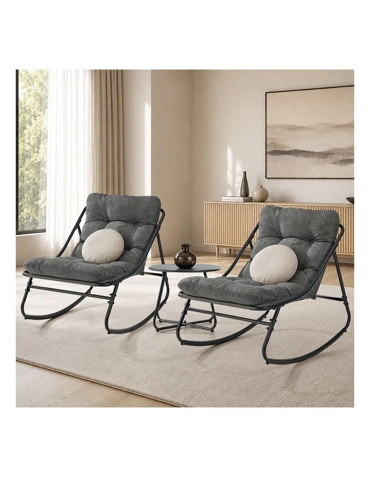 Livsip 3 Pieces Outdoor Patio Set Rocking Chair Table Textilene Lounge Grey image 6