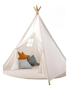 White Kids Teepee Play Tent with Lace, Portable Indoor Outdoor Tent with Mat