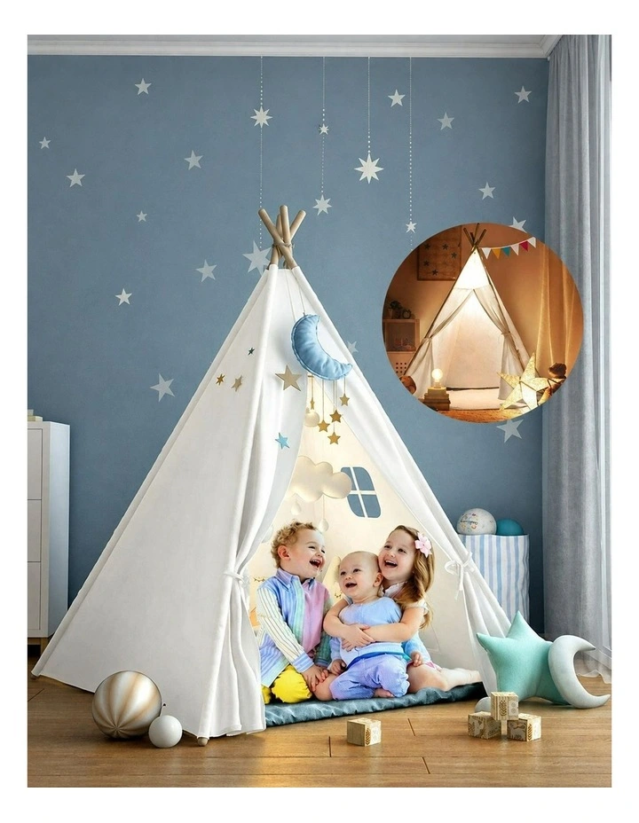 White Kids Teepee Play Tent with Lace, Portable Indoor Outdoor Tent with Mat image 2
