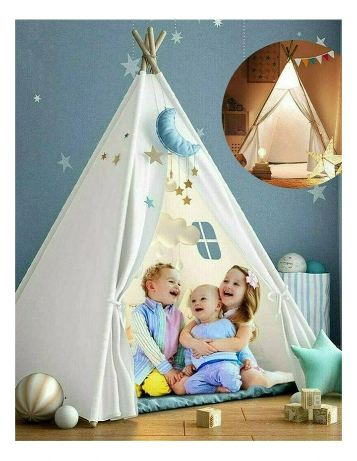 White Kids Teepee Play Tent with Lace, Portable Indoor Outdoor Tent with Mat image 2