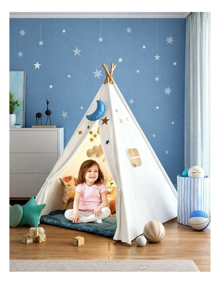 White Kids Teepee Play Tent with Lace, Portable Indoor Outdoor Tent with Mat image 3