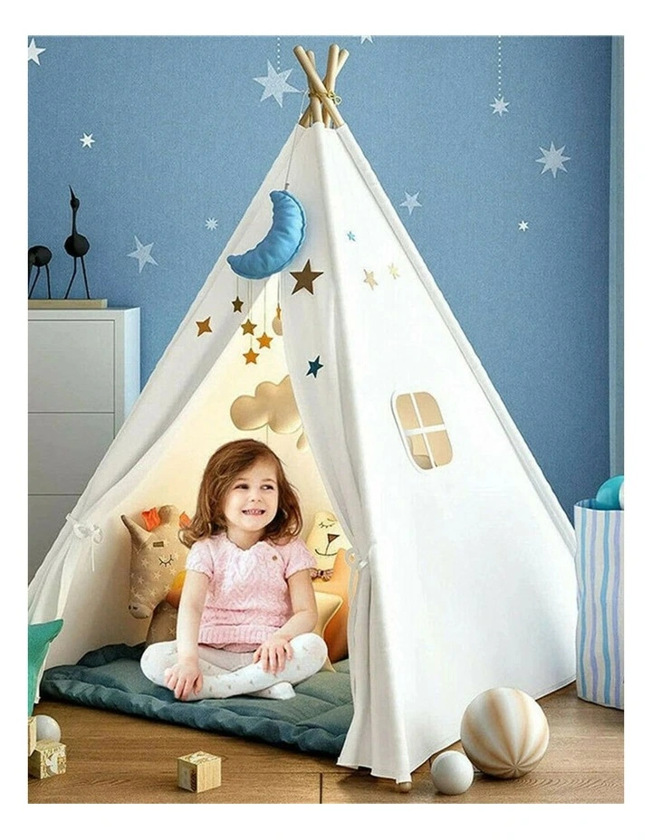 White Kids Teepee Play Tent with Lace, Portable Indoor Outdoor Tent with Mat image 3