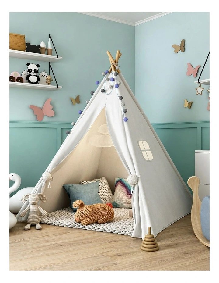 White Kids Teepee Play Tent with Lace, Portable Indoor Outdoor Tent with Mat image 4