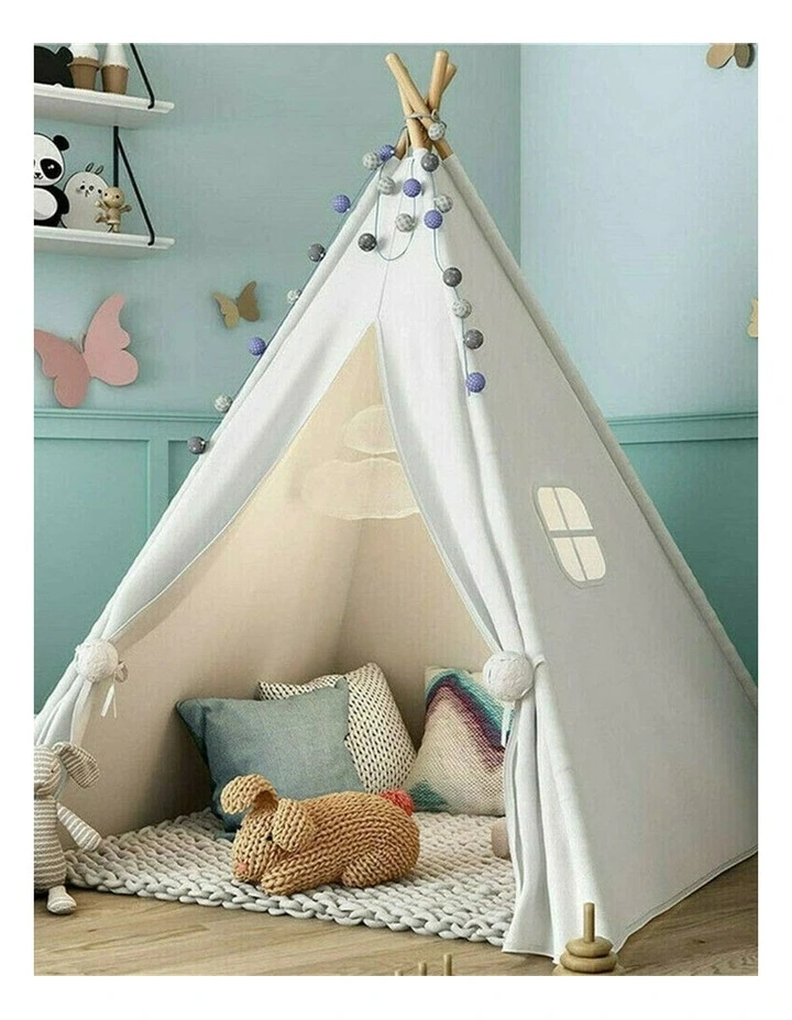 White Kids Teepee Play Tent with Lace, Portable Indoor Outdoor Tent with Mat image 4