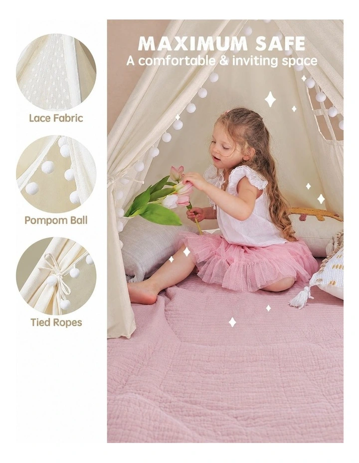 White Kids Teepee Play Tent with Lace, Portable Indoor Outdoor Tent with Mat image 5