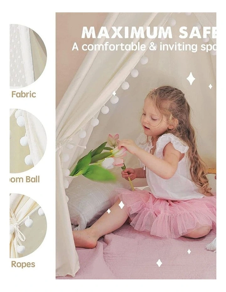 White Kids Teepee Play Tent with Lace, Portable Indoor Outdoor Tent with Mat image 5