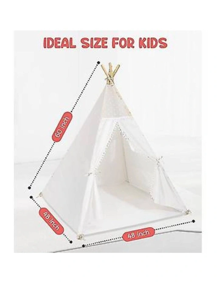 White Kids Teepee Play Tent with Lace, Portable Indoor Outdoor Tent with Mat image 6