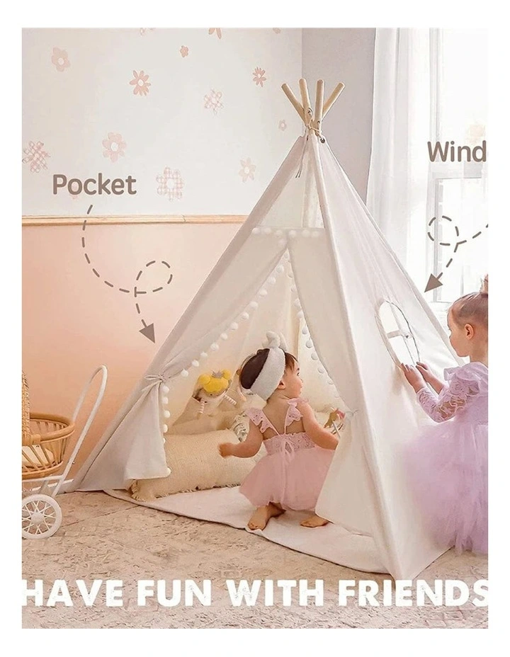 White Kids Teepee Play Tent with Lace, Portable Indoor Outdoor Tent with Mat image 7