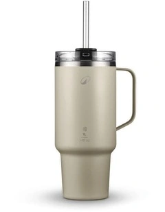 1 L insulated mug with straw in stainless steel, for hiking and camping - Beige
