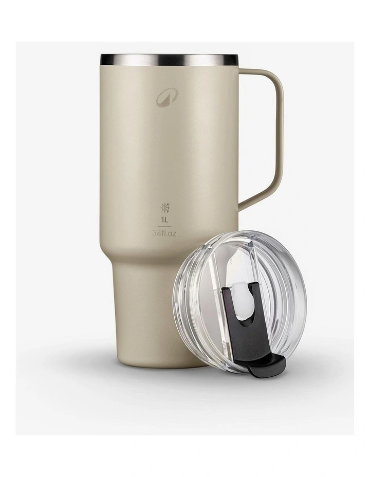 1 L insulated mug with straw in stainless steel, for hiking and camping - Beige image 2