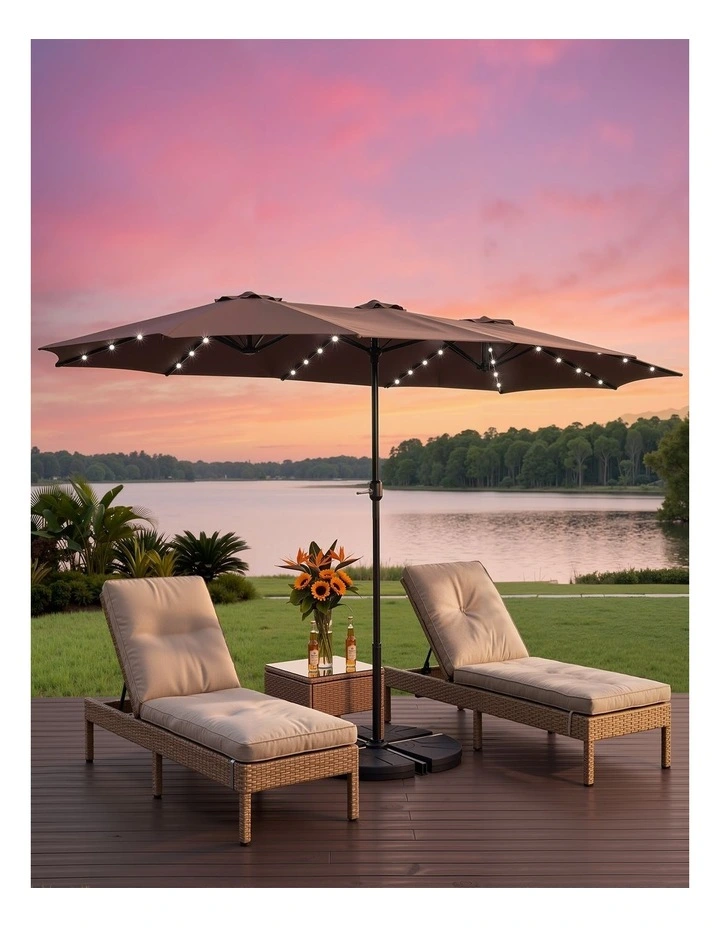 Instahut Outdoor Umbrella 4.57m Solar 48 LED Double-Sided Patio Parasol Brown image 6