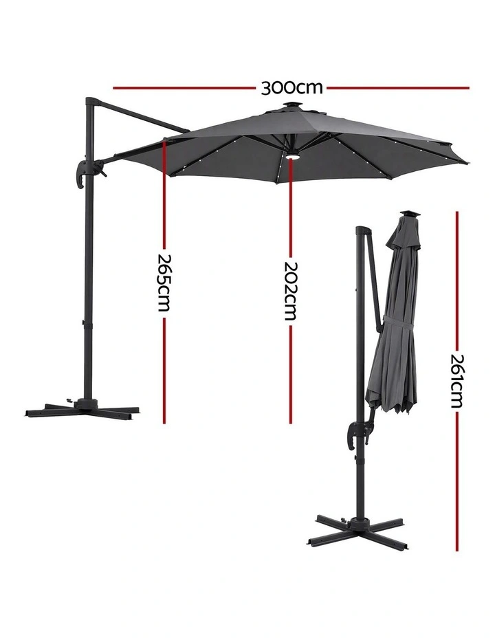Instahut Outdoor Umbrella 3m Solar LED Offset Cantilever Patio Parasol Charcoal image 2