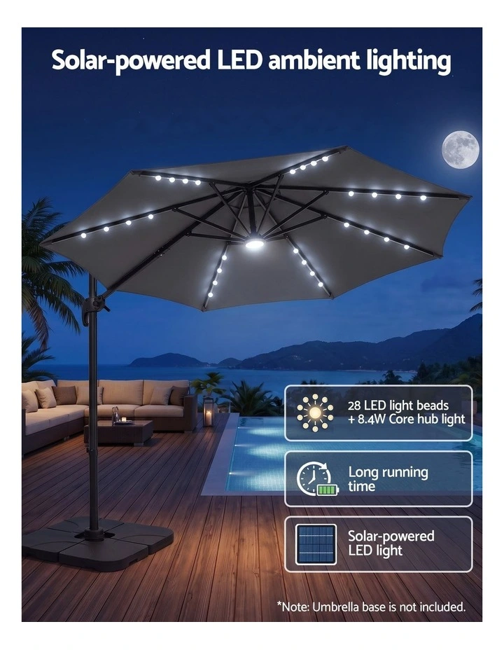 Instahut Outdoor Umbrella 3m Solar LED Offset Cantilever Patio Parasol Charcoal image 4