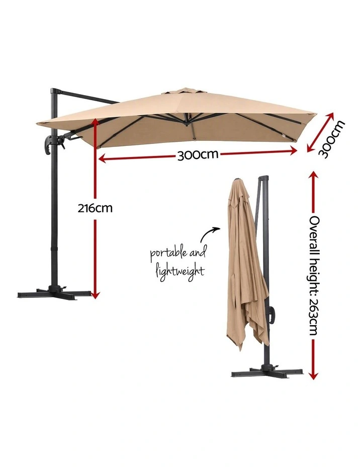 Instahut Outdoor Umbrella 3m Left-right Tilting Cantilever Patio Parasol Beige image 2