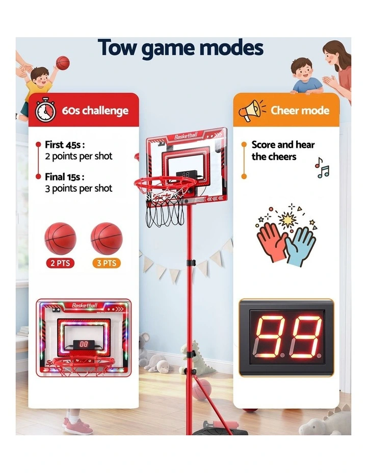 Everfit 2 in 1 Kids Basketball Hoop Adjustable Stand Over Door Scoreboard Red image 5