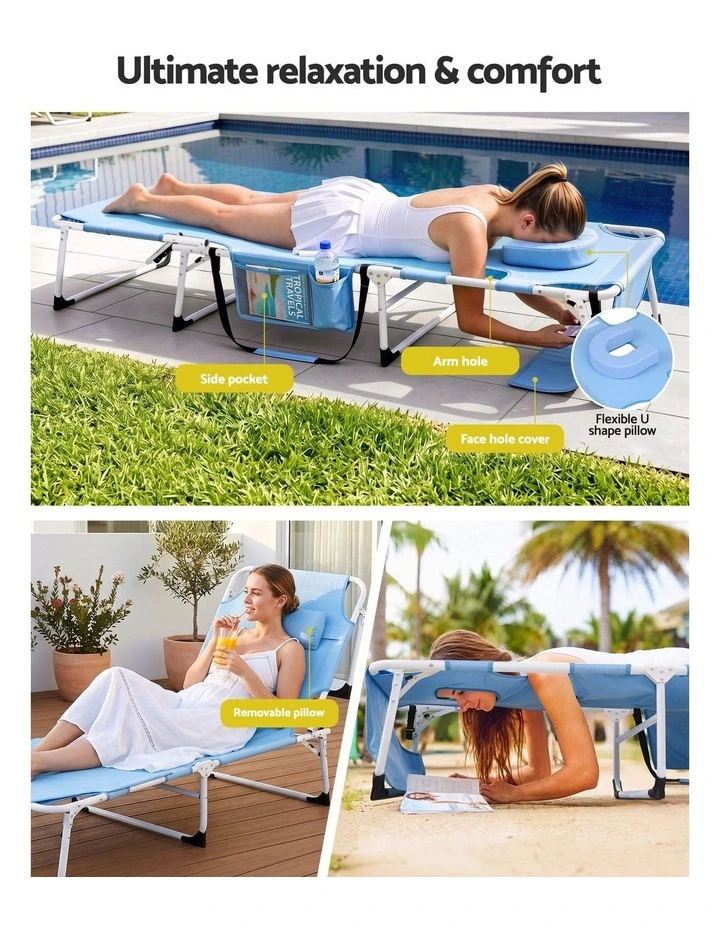 Gardeon Sun Lounger 5 Position Folding Tanning Chair with Face Hole Blue image 4