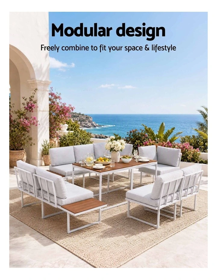 Gardeon 8 Seater Outdoor Dining Sofa Set with WPC Side Tables Patio Furniture White image 4