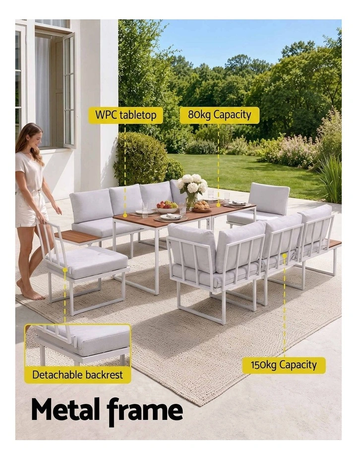 Gardeon 8 Seater Outdoor Dining Sofa Set with WPC Side Tables Patio Furniture White image 5