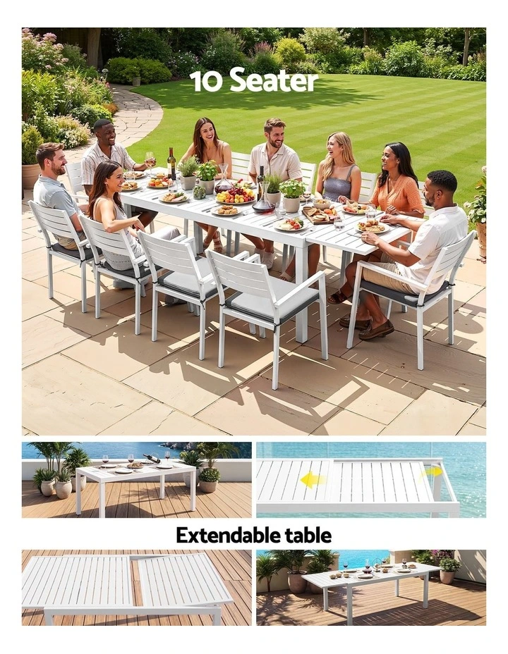 Gardeon Outdoor Dining Set 11PCS Aluminum Extendable Table and Chairs Patio Furniture White image 6