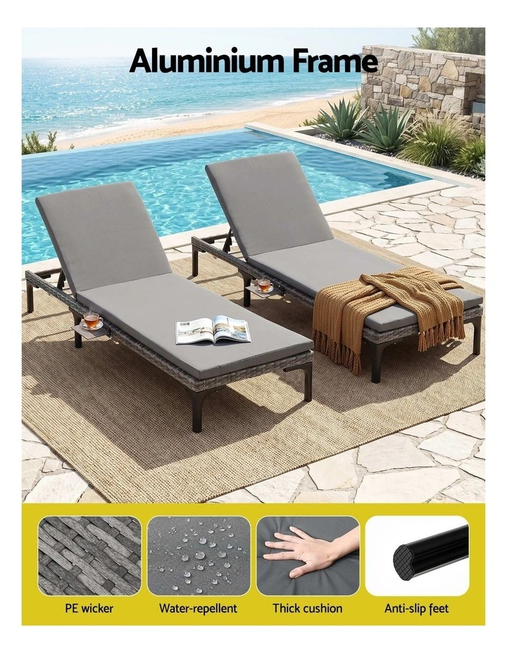 Gardeon 2PC Sun Lounger PE Rattan Recliners with Cup Holder Cushion Rain Cover image 4