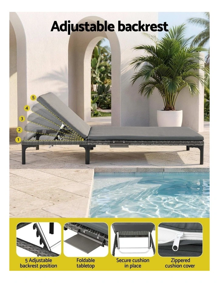 Gardeon 2PC Sun Lounger PE Rattan Recliners with Cup Holder Cushion Rain Cover image 5