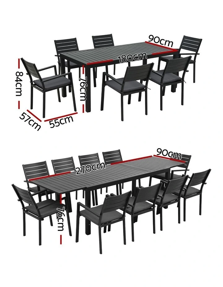 Gardeon Outdoor Dining Set 11PCS Aluminum Extendable Table and Chairs Patio Furniture Black image 2
