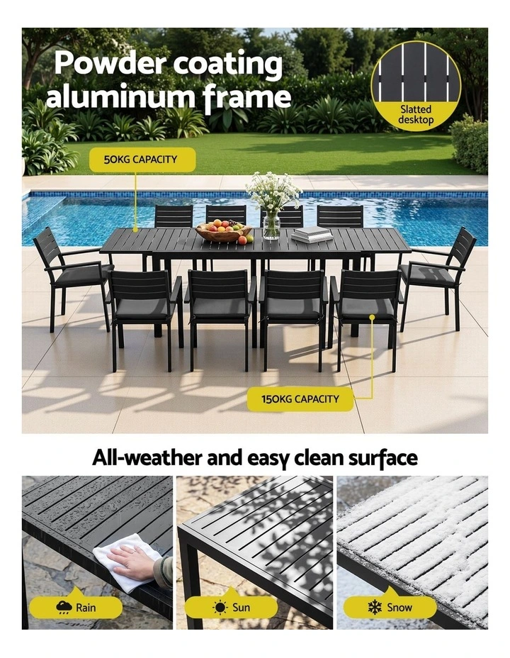 Gardeon Outdoor Dining Set 11PCS Aluminum Extendable Table and Chairs Patio Furniture Black image 4