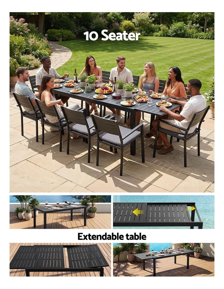 Gardeon Outdoor Dining Set 11PCS Aluminum Extendable Table and Chairs Patio Furniture Black image 6